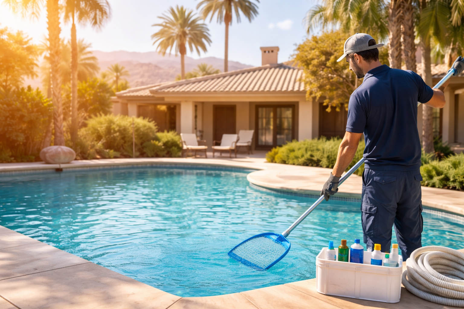 Handy Angels repaired a pool with sparkling clean water, surrounded by a well-maintained patio and lush landscaping, showcasing our comprehensive pool services in the Coachella Valley.